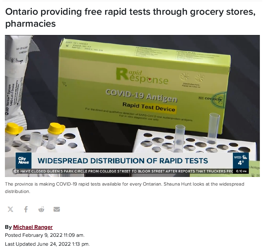 CityNews coverage: Ontario providing free rapid tests through grocery stores, pharmacies